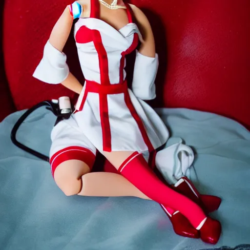 Prompt: anime barbie doll, in red velvet stockings, a nurse's dress, full length, heels on her feet.