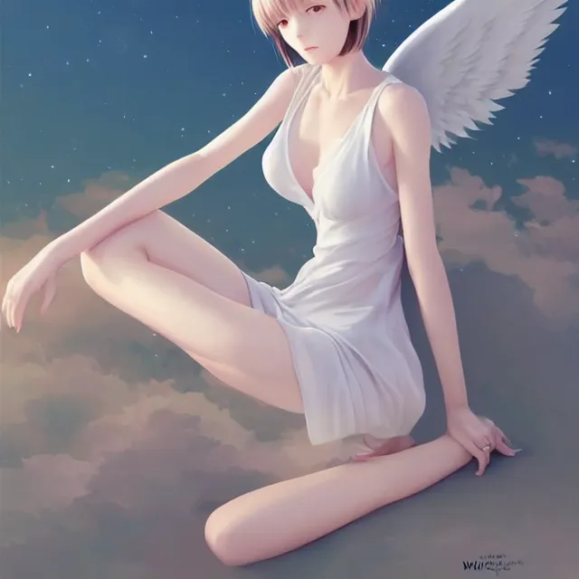 Image similar to infinitely detailed full - body portrait pale female peaceful dream angel wearing elegant clothes. beautiful! scenery art! by wlop & murata range, by ilya kuvshinov. artstation!! / pixiv!!