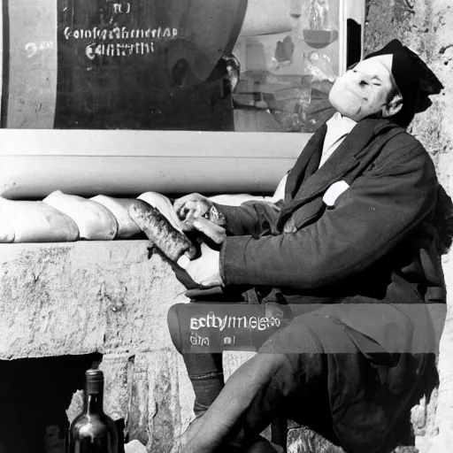 Image similar to a frenchman with a baguette and a bottle of wine in 1 9 5 0