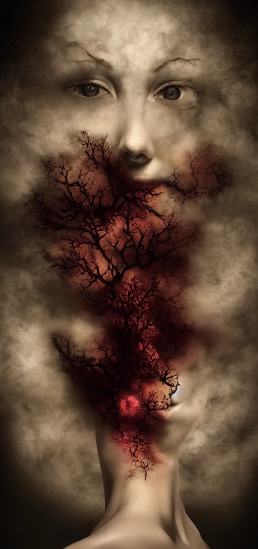 Image similar to dramatic matte portrait painting of woman with black mandelbrot fractal instead of face, horror, body horror, dark art, 4 k, detailed, realistic, psychotic, insane, crazy, mental illness, dramatic,