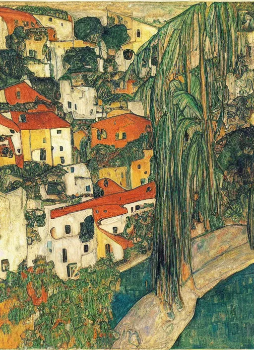 Prompt: tied bridge on local river, 3 boat in river, 2 number house near a lot of palm and eucalyptus and bougainvillea, summer, painting by egon schiele