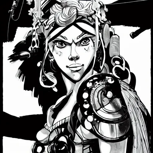 Image similar to scarlett johansson as a barbarian in afro samurai manga style, pencil and ink, walking the wastelands