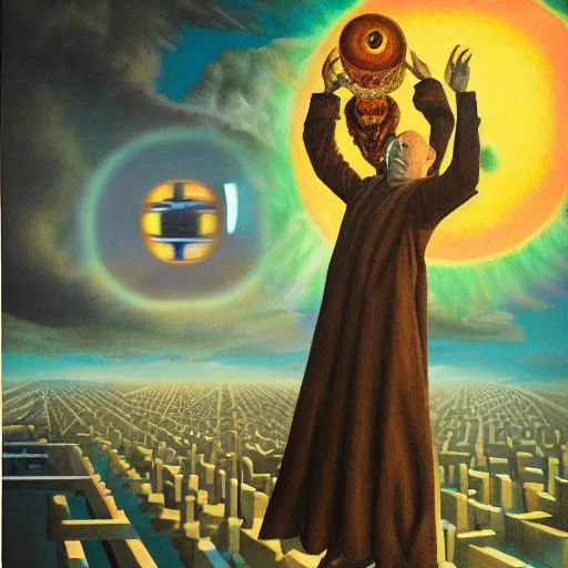 Image similar to a highly detailed occult painting of Aleister Crowley pointing up, cenobyte, hexglow, Rene Magritte, Raphael Hopper, wildcards, denizens, matte painting, glowing eyes, felipe pantone, pascal blanche, pascal blanche, mohrbacher, blanche, magical, wide shot, an expansive view of the sun, intricate details, epic, dramatic, cinematic lighting, hyperrealistic, skeletal, elaborate, furniture, dreamy, machine, robot, cardboard, dark, inception, cinematic lighting, surrealism style, muted colors, soft tones, pastel colors, ornate in the dnd art style on album cover, unreal