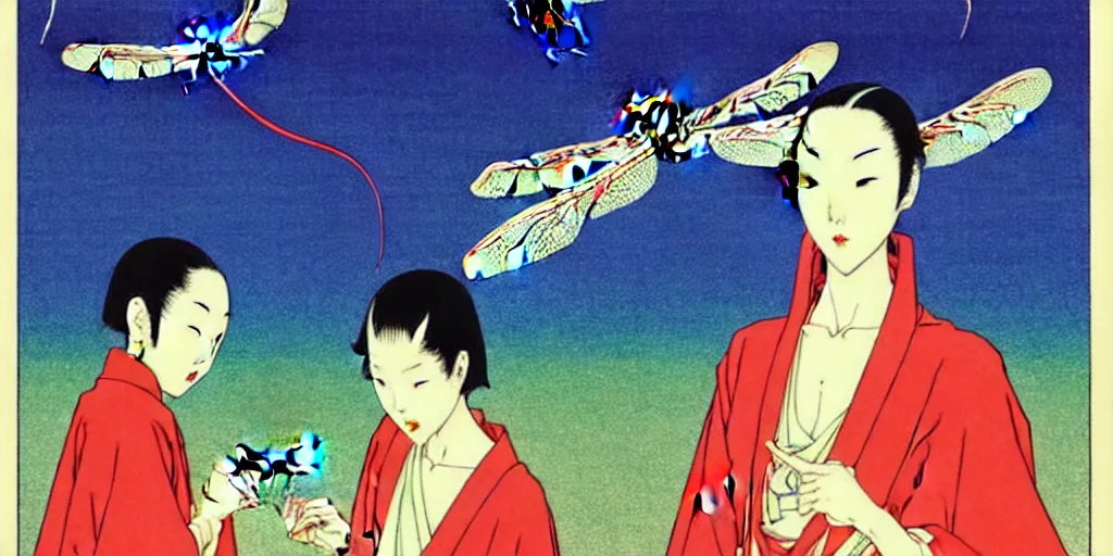 Image similar to gigantic dragonflies with human faces catch tiny robots, a lot of exotic mechas robots around, human heads everywhere, risograph by kawase hasui, edward hopper, satoshi kon and moebius, no text!, colorful flat surreal design, super - detailed, a lot of tiny details, fullshot