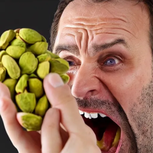 Prompt: a man screaming in fury as he tries to open a pistachio nut