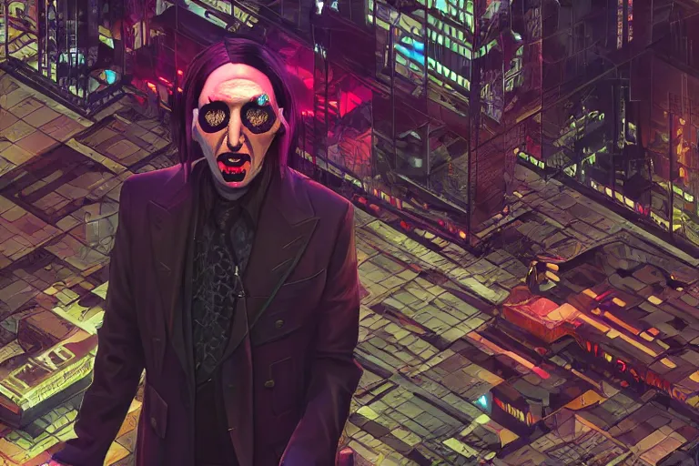 Image similar to portrait isometric drawing, Marilyn Manson as GTA character, cyberpunk, intricate, epic lighting, cinematic composition, hyper realistic, 8k resolution, unreal engine 5, by Artgerm, tooth wu, dan mumford, beeple, wlop, rossdraws, James Jean, Andrei Riabovitchev, Marc Simonetti, yoshitaka Amano, Artstation