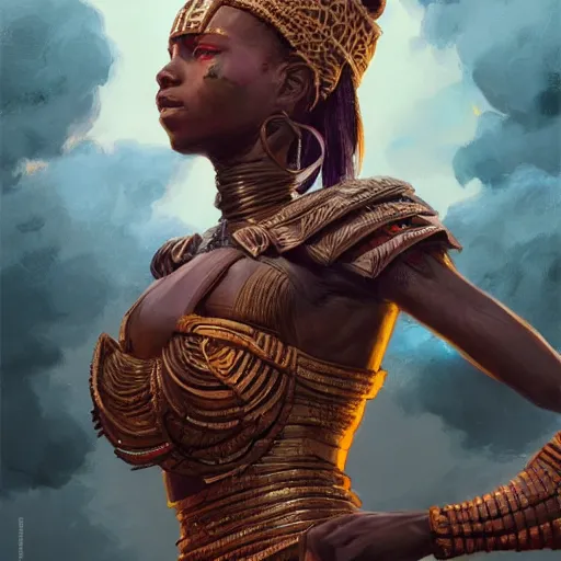 Image similar to african warrior queen, detailed portrait, intricate complexity, by greg rutkowski, artgerm, ross tran, conrad roset, takato yomamoto, ilya kuvshinov. 4 k, beautiful, cinematic dramatic atmosphere