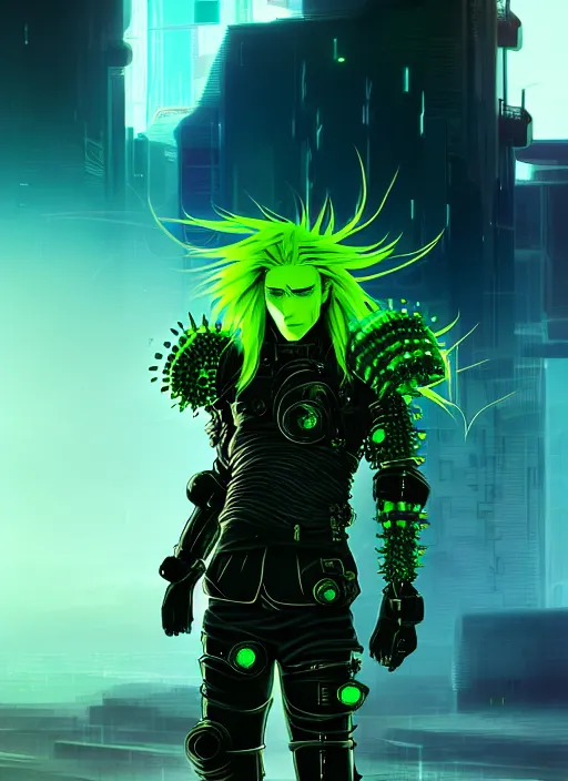 Prompt: a striking cinematic full body manga portrait of a male warrior with long blonde hair and blue eyes wearing evil green spiked cyberpunk armour and standing in the desolate burning ruins of a futuristic city by hirohiko araki and beeple, fine details, digital art, character concept art, volumetric lighting, cinematic light, photorealistic