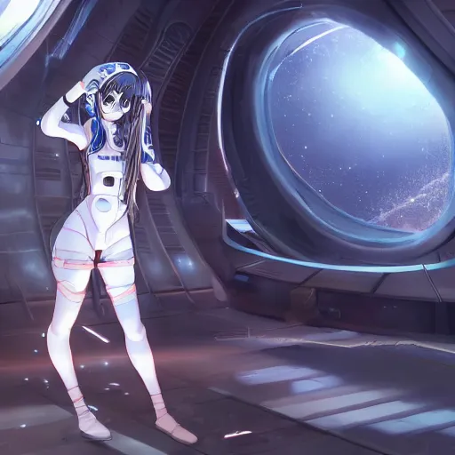 Image similar to beautiful and gorgeous anime girl in a thight plug suit scavenging a abandoned space station, danboru, artstation, high quality, highly detailed, drawn by someone who knows what he does