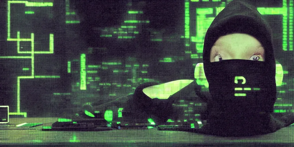 Prompt: donkey wearing a black hoodie sweatshirt in a dark room hacking into a computer using a laptop, matrix style falling green text in the background, vaporwave, cyberpunk