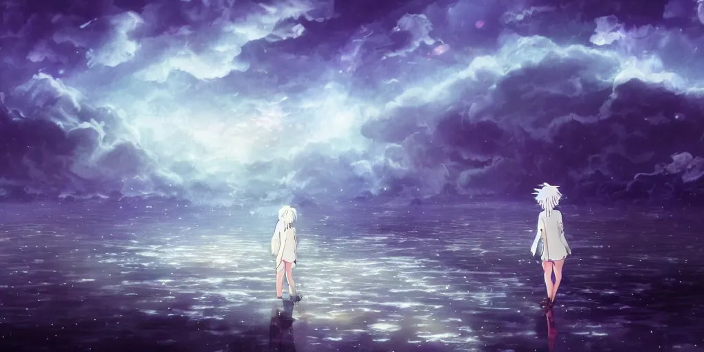 Prompt: white haired girl walking in flooded cloud palace night, fractal dreamscape, cinematic, vibrant dark colors digital anime illustration by studio ghibli, smooth coloring