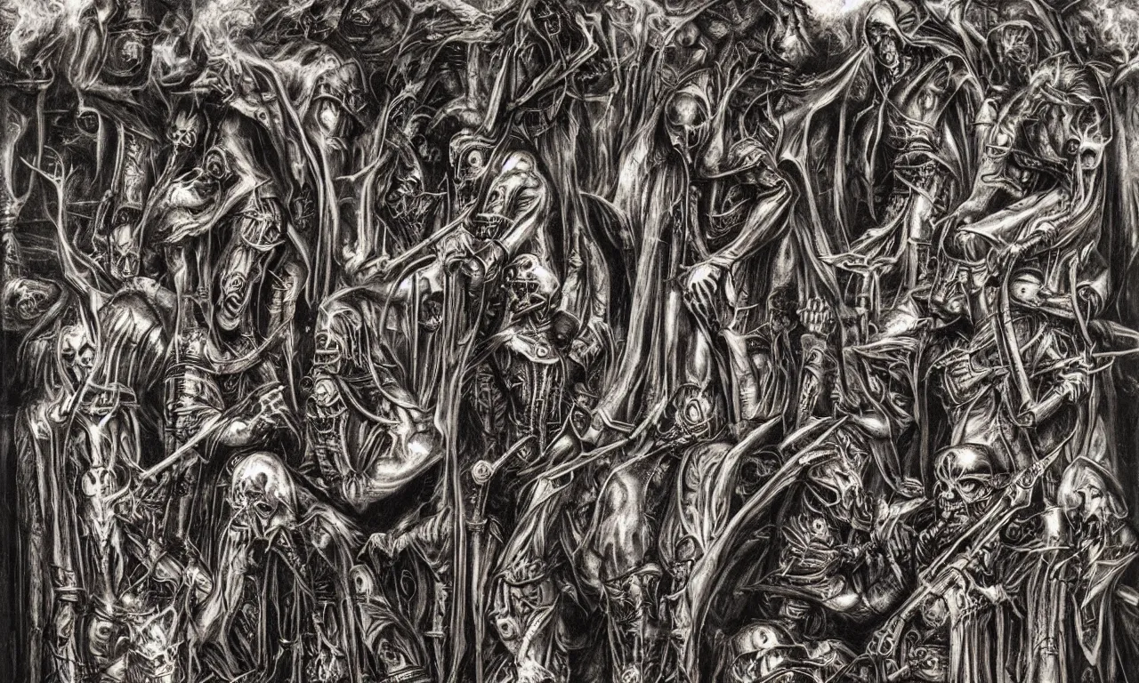 Image similar to judas priest, saints in hell, by giger,