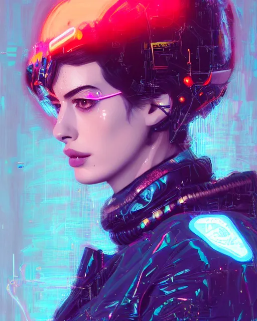 Image similar to detailed portrait Anne Hathaway Neon Operator Girl, cyberpunk futuristic neon, reflective puffy coat, decorated with traditional Japanese ornaments by Ismail inceoglu dragan bibin hans thoma greg rutkowski Alexandros Pyromallis Nekro Rene Maritte Illustrated, Perfect face, fine details, realistic shaded, fine-face, pretty face