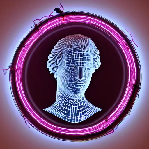 Image similar to a 3 d neon ring surrounding a renaissance statue head