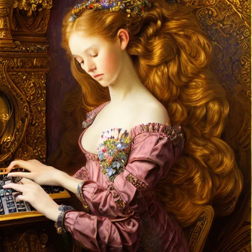 Image similar to a masterpiece ultradetailed art of a beautiful girl plaing computer baroque renaissance. medium shot, intricate, elegant, highly detailed, by stanley artgerm lau, wlop, rossdraws, james jean, andrei riabovitchev, marc simonetti, background by james jean and gustav klimt, light by julie bell, 4 k, porcelain skin.