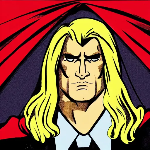 Image similar to portrait of a evil blonde superman with blonde hair he is blinde and thin face lines, his cape is the american flag, he is angry