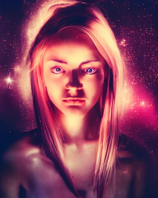 Prompt: a gorgeous young woman in dead space, with wild blonde hair and haunted eyes, 1 9 7 0 s, space station, neon light showing injuries, delicate ex embellishments, painterly, offset printing technique