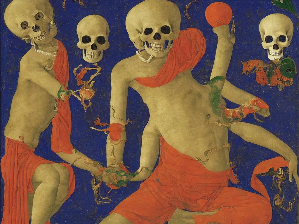 Prompt: Portrait of a Buddhist dancing deity with skull. Lapis Lazuli, malachite, cinnabar, gold. Painting by Piero della Francesca, Balthus, Agnes Pelton