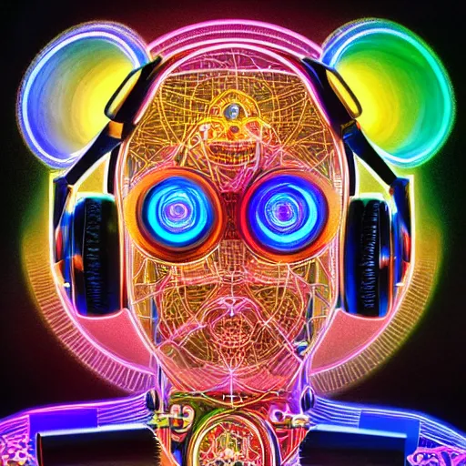 Prompt: hyperdetailed masterpiece portrait of a steampunk robot, covered in colorful glowing holy geometry and chakras, wearing headphones, symmetrical, 8 k, halluzinogenic, flourescent colors on black background