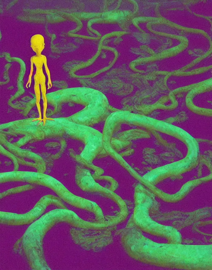 Prompt: photograph of a lonely alien standing in a florescent pool, tentacles and fungus growing out of pool, swampy atmosphere, ambient lighting, vibrant colors, vhs quality, highly detailed, in the style of liminal space, high