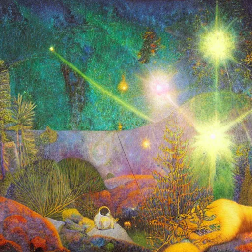 Image similar to psychedelic small cats hidden lush pine forest, outer space, milky way, designed by arnold bocklin, jules bastien - lepage, tarsila do amaral, wayne barlowe and gustave baumann, cheval michael, trending on artstation, star, sharp focus, colorful refracted sparkles and lines, soft light, 8 k 4 k