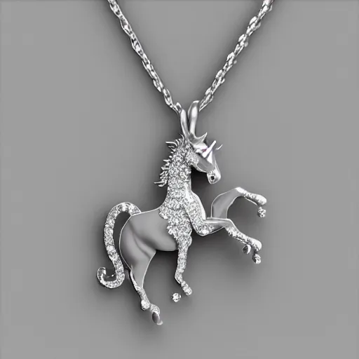 Image similar to a silver unicorn necklace pendant, 3 d rendering, in the style of pandora, tiffany, swarovski, van cleef & arpels, cartier, boucheron, bulgari, chaumet, elegant, noble, stylish