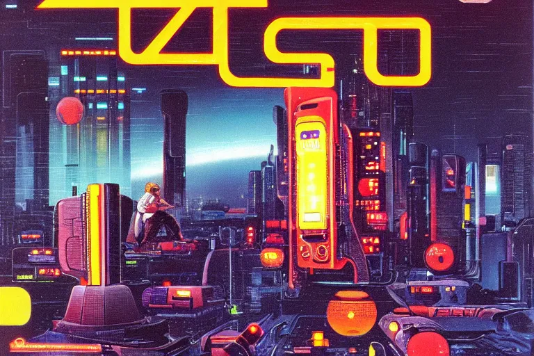 Image similar to 1979 OMNI Magazine Cover of a handheld retro electronic product with lights and cables neo-Tokyo in cyberpunk style by Vincent Di Fate