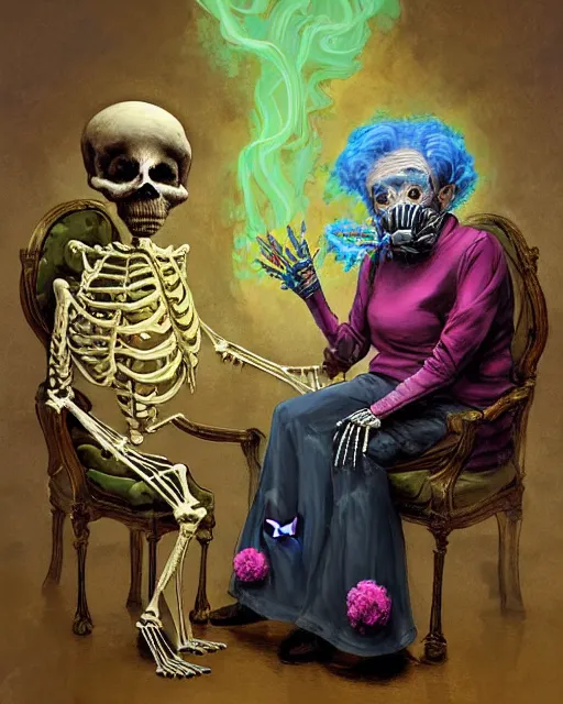 Prompt: Two skeletal old people, wearing gas masks draped in silky gold, green and pink, connected to heart machines, inside a grand, ornate hospital room, they sit next to a fireplace with swirling blue flames, the world is on fire, lost in despair, transhumanist speculative evolution, in the style of Adrian Ghenie, Esao Andrews, Jenny Saville, (((Edward Hopper))), surrealism, dark art, by Mariko Mori