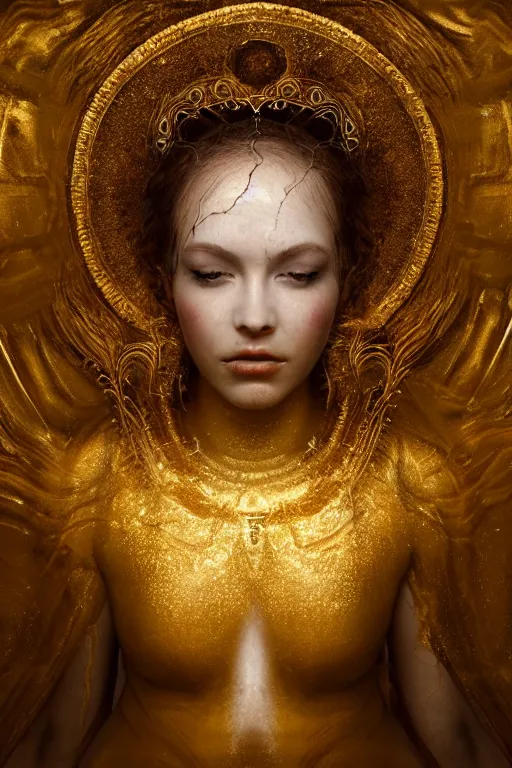 Image similar to Hyper realistic portrait of a goddess floating in the middle of ancient sky, gold fluid simulation, Cinematic lighting, ultra super good realistic photography by Emil Melmoth, symmetry, insanely detailed, trending on artstation, 8k