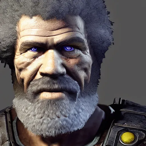 Image similar to Bob Ross in Gears of War, gloomy unreal engine 5 render