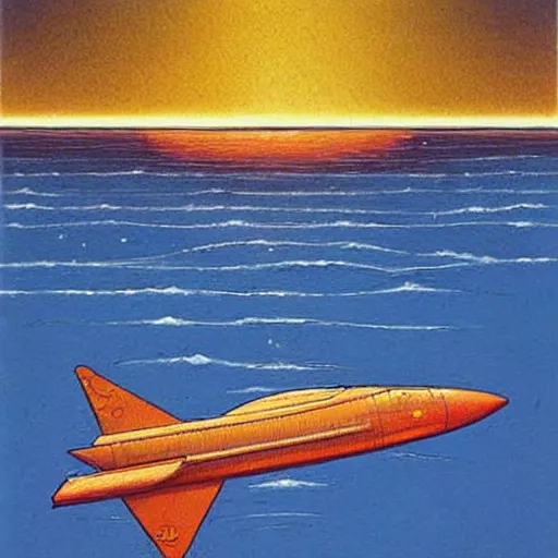 Prompt: a beautiful painting of a space boat floating on a great lake by moebius