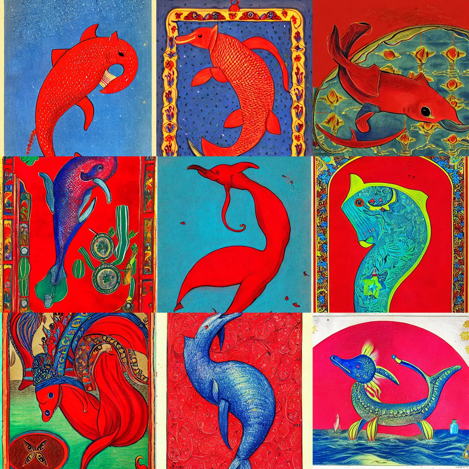 Prompt: a drawing of a glowing red dolphin, tumblr, qajar art, maximalist, official art, artwork
