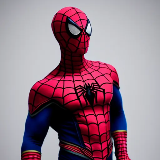 Image similar to A realistic photo of a mixture of Spiderman and Black Adam on a white background, hyper-realistic, 8K HDR, 50 mm bokeh, fashion photography.