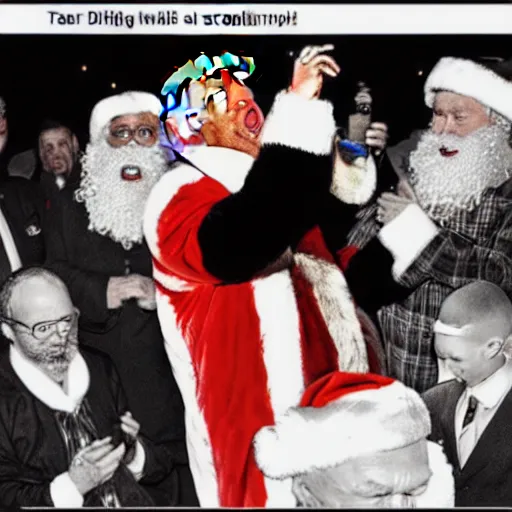 Prompt: trump as a drunk and disheveled mall santa claus screaming incoherent political lies at children, paparazzi photo, highly detailed, high definition, ultra realistic