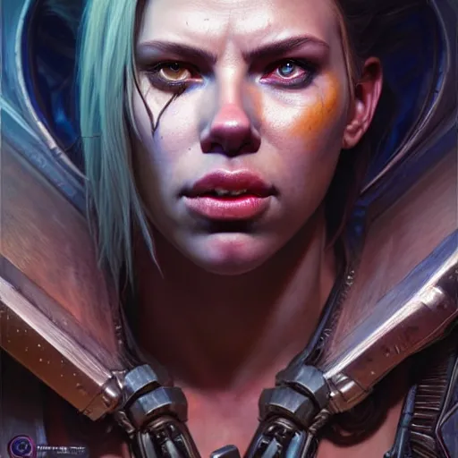 Image similar to portrait painting of a cyberpunk orc shaman extremely muscular ugly scarlett johansson with bad teeth, ultra realistic, concept art, intricate details, eerie, highly detailed, photorealistic, octane render, 8 k, unreal engine. art by artgerm and greg rutkowski and charlie bowater and magali villeneuve and alphonse mucha