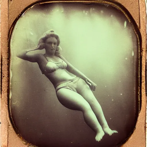 Image similar to underwater tintype photo of swimming mermaid