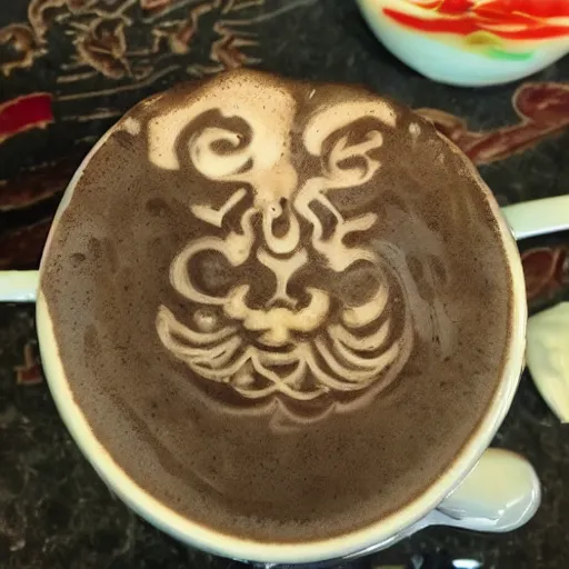 Image similar to photo, asian dragon head as latte art, dragon face, fire breath