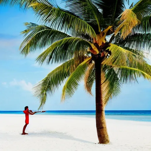 Image similar to violinist on the beach white sand blue sky tropical palm trees wallpaper 8 k instagram photography travel viral by annie leibovitz