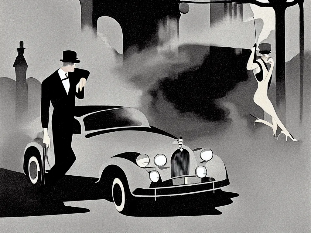 Prompt: a single man getting out of a car in front of a foggy jazz nightclub on a desert street, dimly lit upscale 1920s speakeasy, relaxed pose, art deco, detailed painterly digital art style by Coles Phillips, retro vibe, furaffinity, 🍸, 8k octane beautifully detailed render, post-processing, extremely hyperdetailed, intricate, epic composition, grim yet sparkling atmosphere, cinematic lighting + masterpiece, trending on artstation, very detailed, vibrant colors, Art Nouveau, masterpiece, romanticism