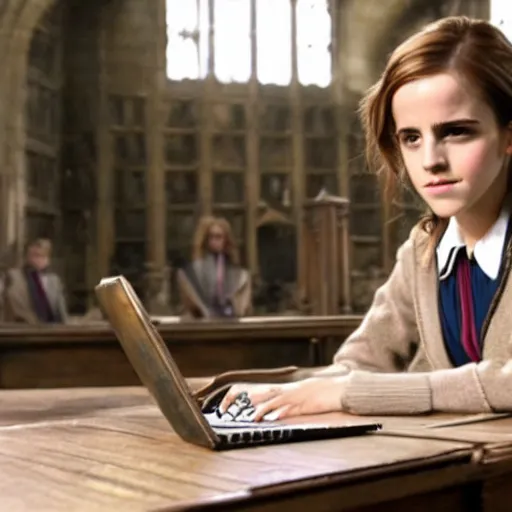 Prompt: Photo of Emma Watson as Hermione Granger using a computer in Hogwarts