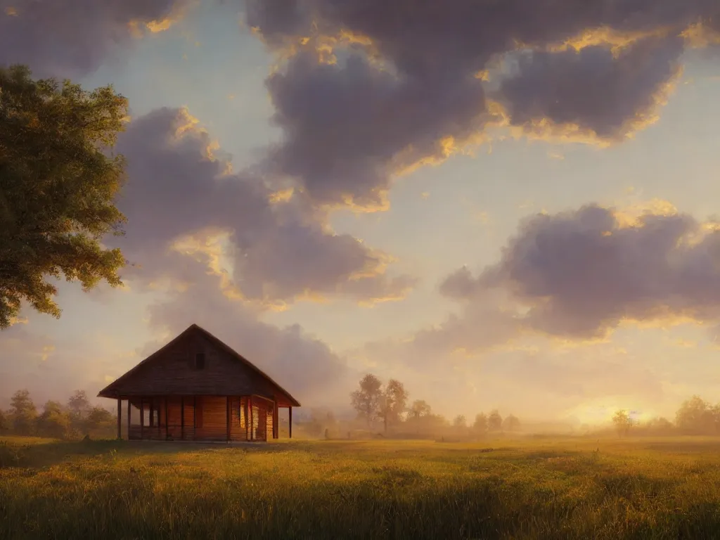 Image similar to a oil painting of a serene landscape with a singular wooden house at sunrise, concept art, octane render, unreal engine 5, trending on deviantart, highly detailed, high quality, oil painting, digital painting l, masterpiece, hyperrealistic, breathtaking landscape, soft lighting, godrays, complementary colors, natural lighting