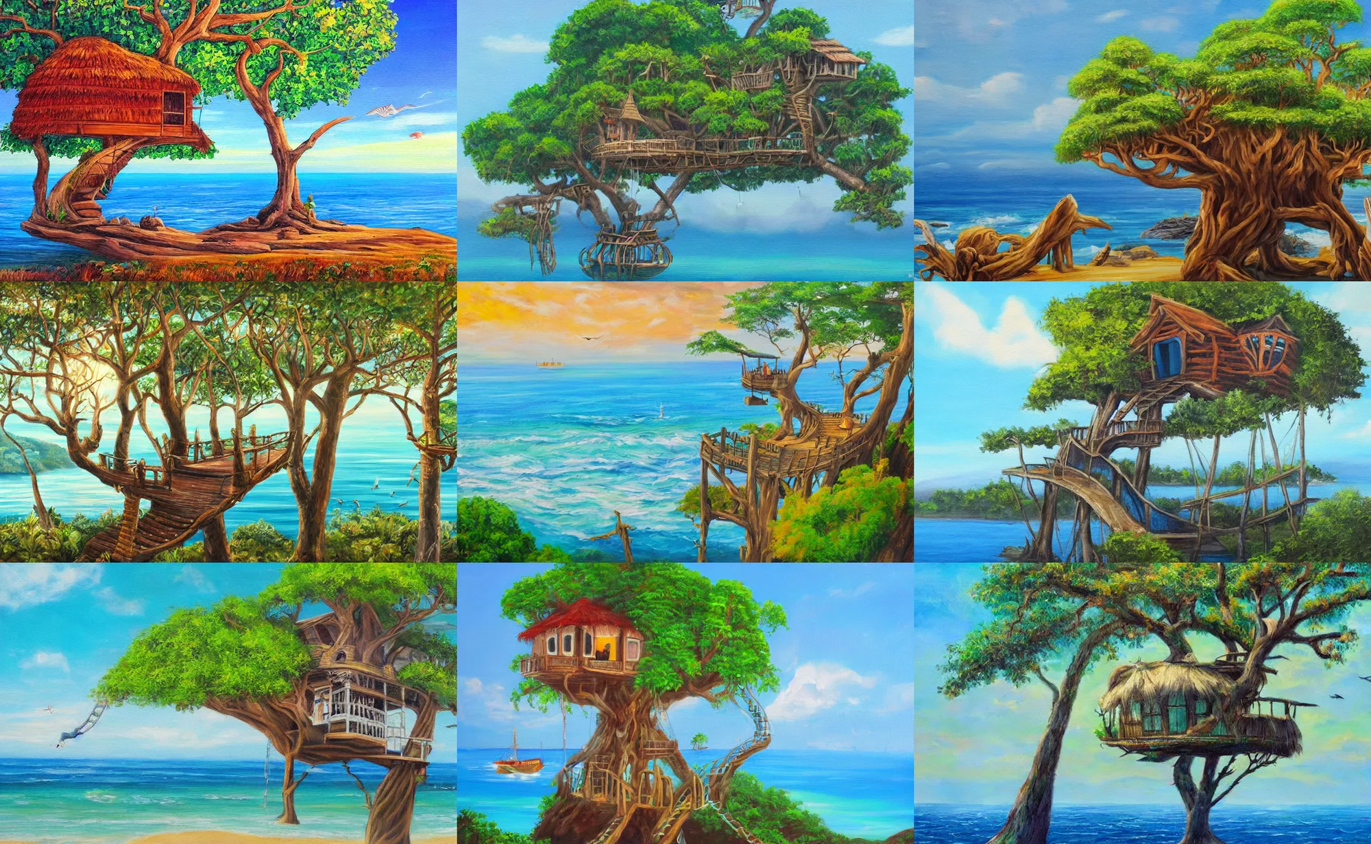 Prompt: canvas painting of a mystical island treehouse on the ocean