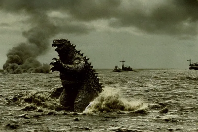 Image similar to film still godzilla! storming the beach of normandy in saving private ryan