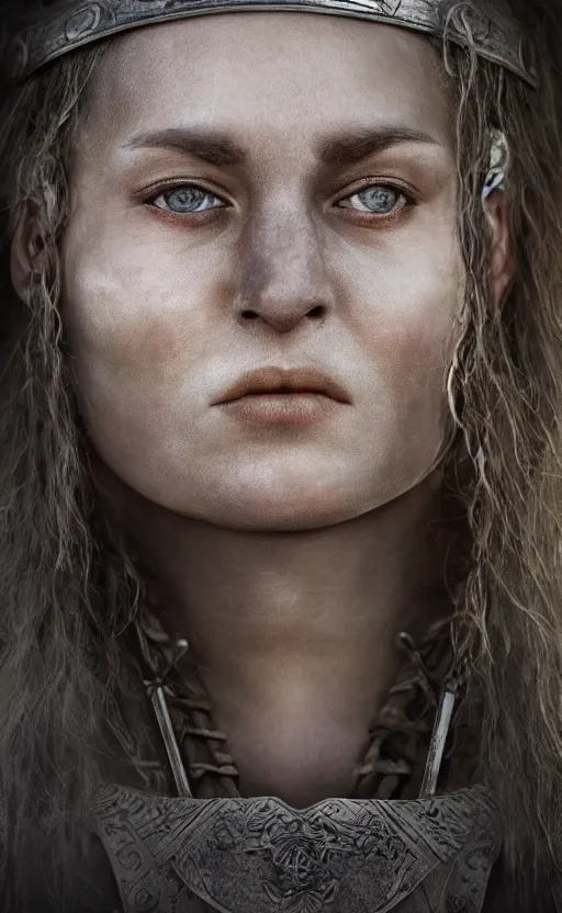 Image similar to photorealistic 3/4 portrait of beautiful female viking warrior with large sad gray eyes, dirty skin