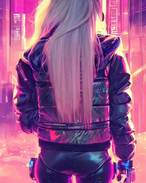 Image similar to detailed portrait neon guard girl with long straight blonde hair seen from the back, cyberpunk futuristic, reflective puffer jacket, black leggings, decorated with traditional ornaments in front of a dystopian crowd with piles of garbage, perfect face, fine details, realistic shaded, fine - face, pretty face by rossdraws
