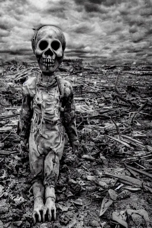 Image similar to a photograph of a haunted creepy doll photographs in a desolate nuclear apocalypse, ectoplasm, very creepy, skull, bones, possessed, atmospheric, dark derelict environment, highly detailed, epic scene