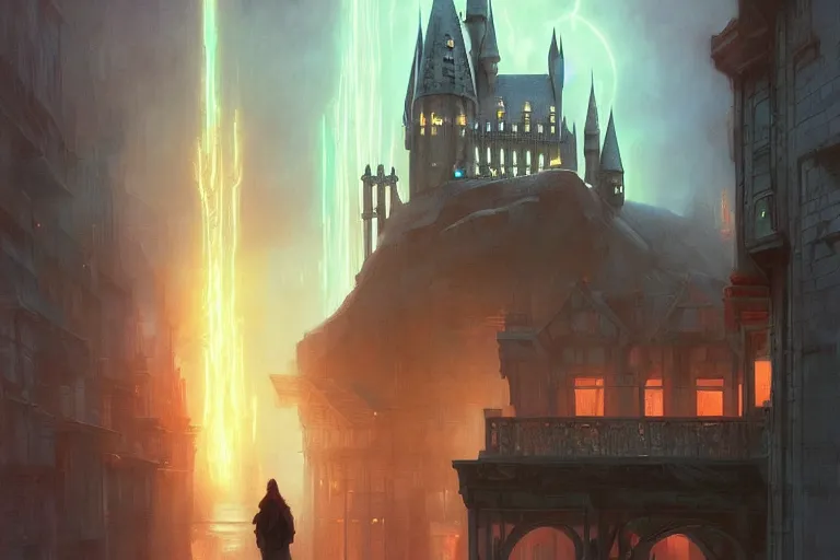 Image similar to Hogwarts, neon lighting, night city, digital art from artstation by Ruan Jia and Mandy Jurgens and Artgerm and william-adolphe bouguereau and Greg Rutkowski and Wayne Barlowe