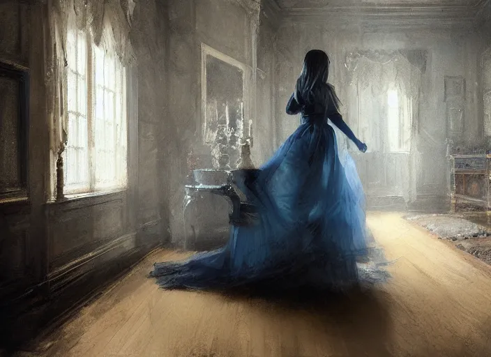 Prompt: portrait of woman in dress, detailed, by jeremy mann, gothic mansion room, blue tones, by alexander fedosav, wooden floor, digital artwork, paint, elegant