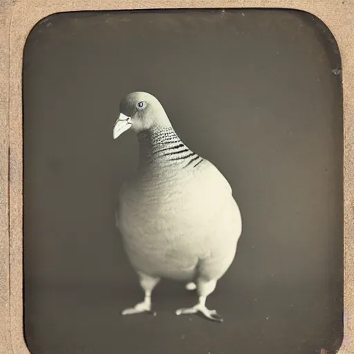 Image similar to Tintype photograph of chonky pigeon as an overweifght subject. 1990s studio lighting.