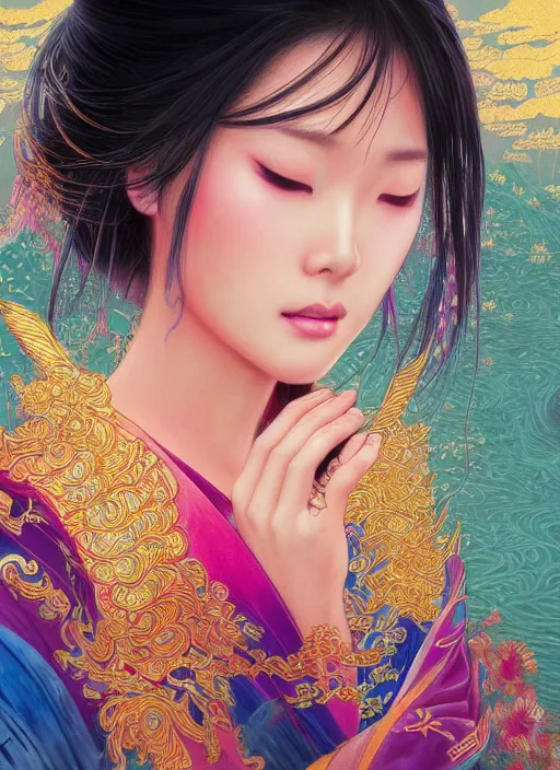 Image similar to beautiful young Asian woman, gorgeous face, sad eyes, tears, vaporwave aesthetic, synthwave, colorful, intricate, elegant, long beautiful flowing kimono, Asian temple landscape, highly detailed, digital painting, artstation, concept art, smooth, sharp focus, illustration, art by artgerm and greg rutkowski and alphonse mucha